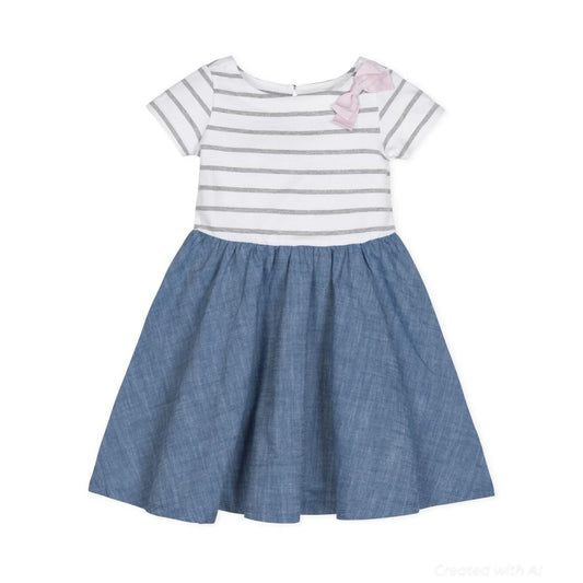 Short Sleeve Organic Knit Skater Dress - White and Gray Stripe