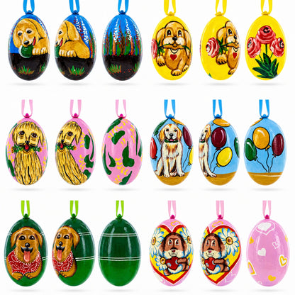 6 Dog Puppies- Golden Retriever and Labrador Wooden Christmas Ornaments 3 Inches
