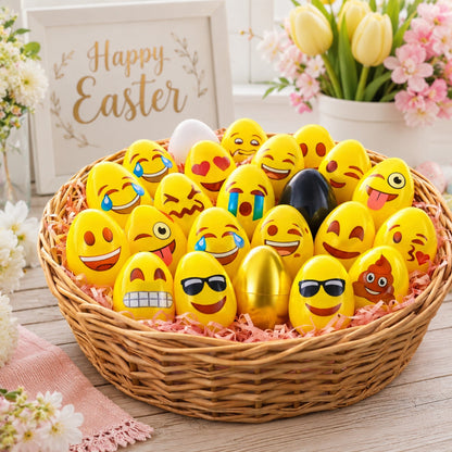 Set of 24 Facial Expressions Eggs + 1 Gold, 1 Black, 1 White & 1 Yellow Plastic Easter Eggs