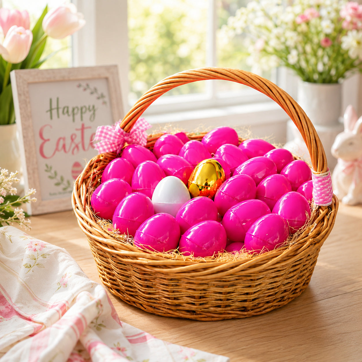 Set of 46 Pink Plastic Eggs, 1 White Egg, and 1 Gleaming Golden Easter Egg