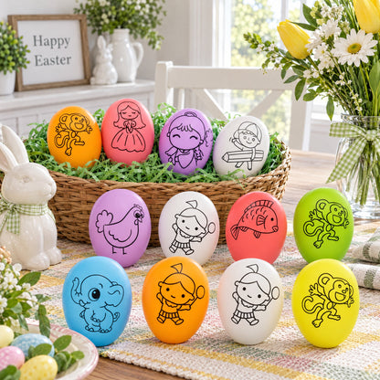 Set of 12 Colorful Printed Solid Plastic Easter Eggs 2.35 Inches DIY Coloring