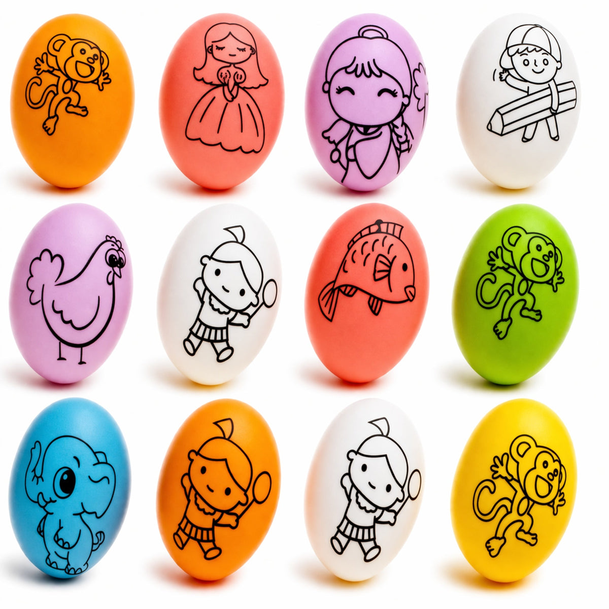 Set of 12 Colorful Printed Solid Plastic Easter Eggs 2.35 Inches DIY Coloring