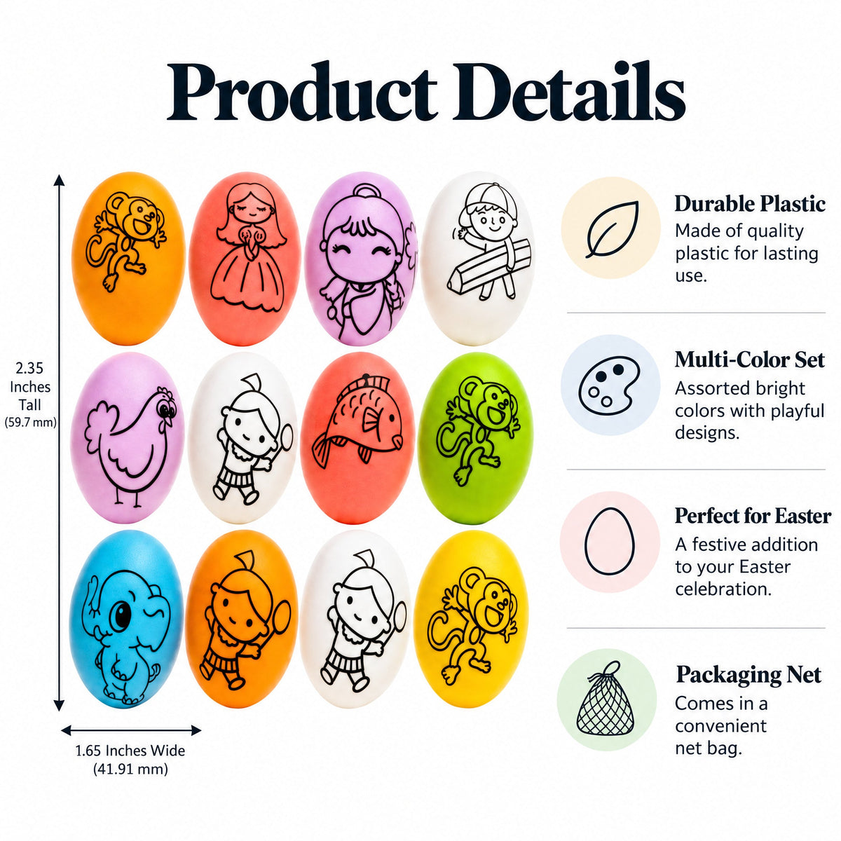 Set of 12 Colorful Printed Solid Plastic Easter Eggs 2.35 Inches DIY Coloring