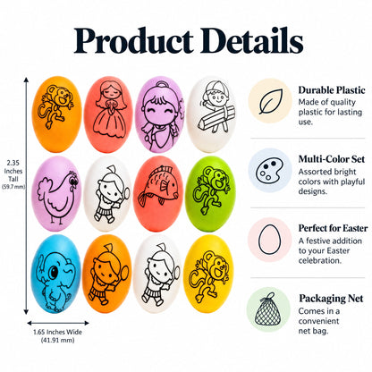 Set of 12 Colorful Printed Solid Plastic Easter Eggs 2.35 Inches DIY Coloring