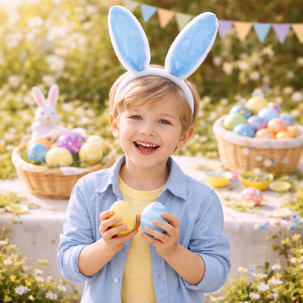 Set of 3 Blue Fabric Bunny Ear Headbands, Each 11.7 Inches