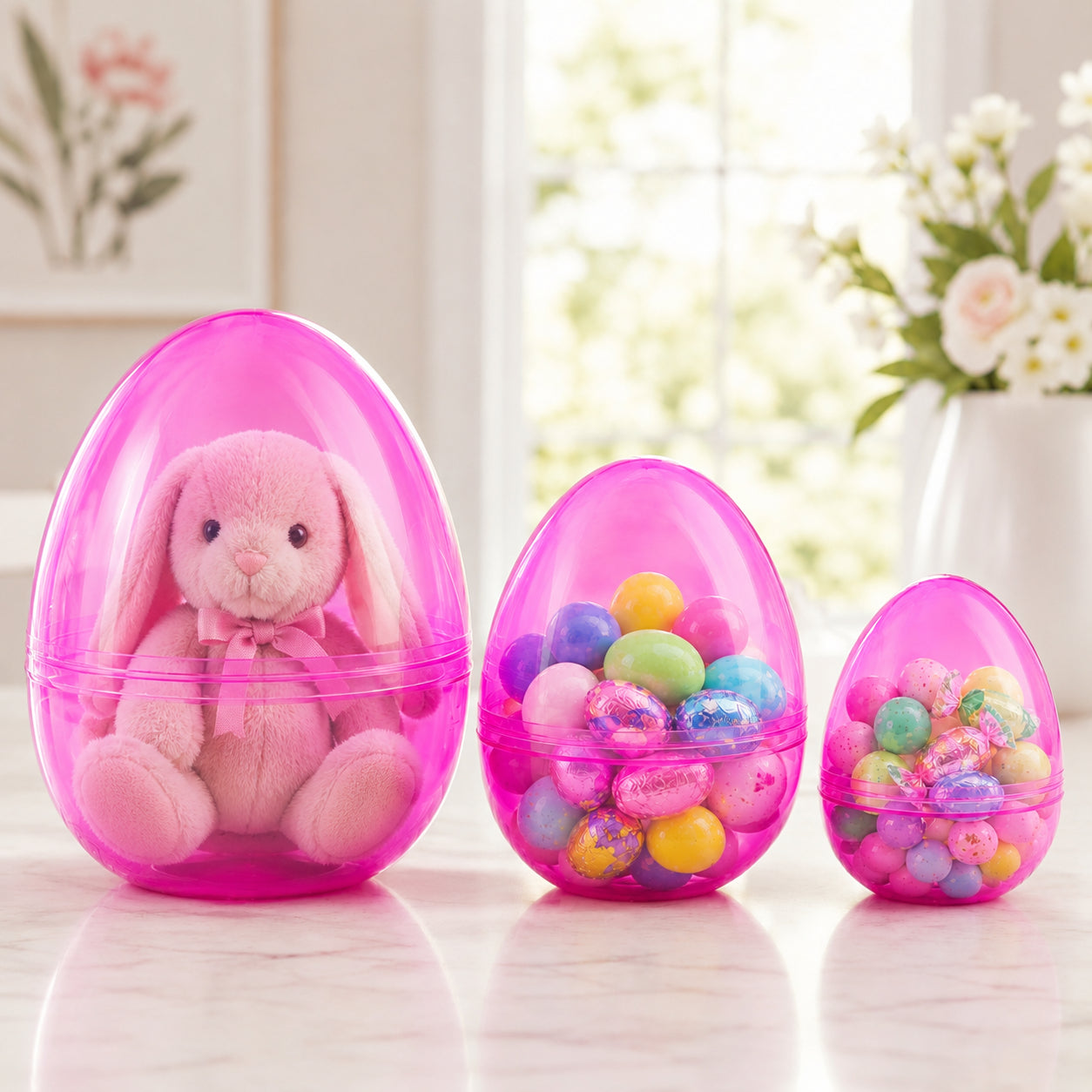Set of 3 Giant Easter Eggs - One Jumbo Size and Two Large Pink Plastic Eggs,10 Inches