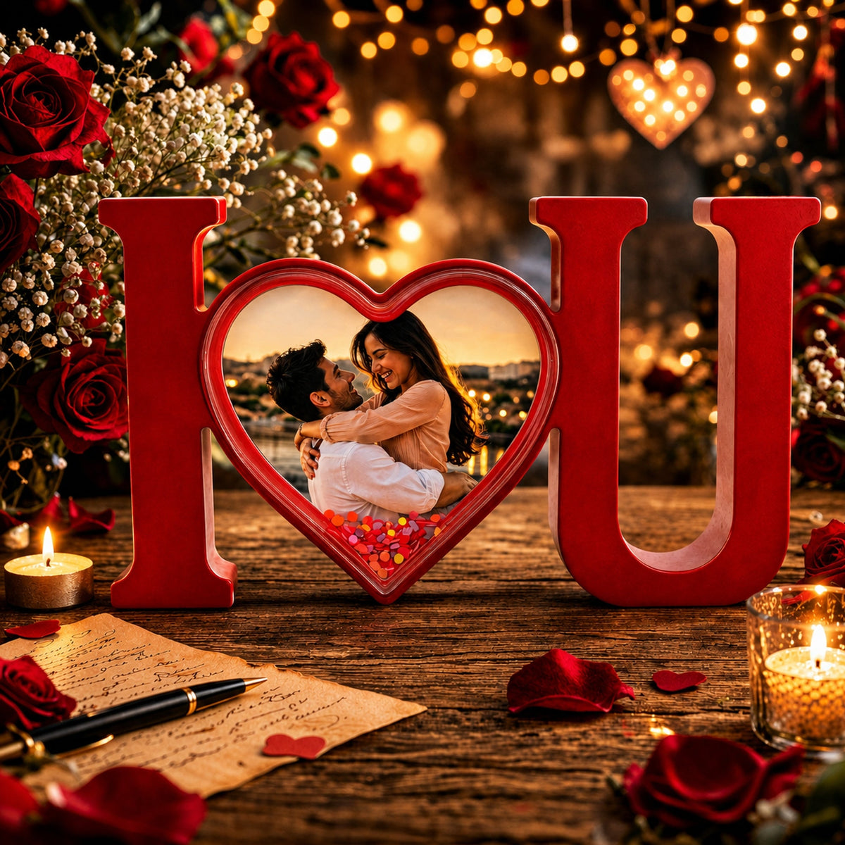 Red Letters "I Love You" Plastic Picture Water Frame with LED Lights Romantic Valentine's Day Figurine