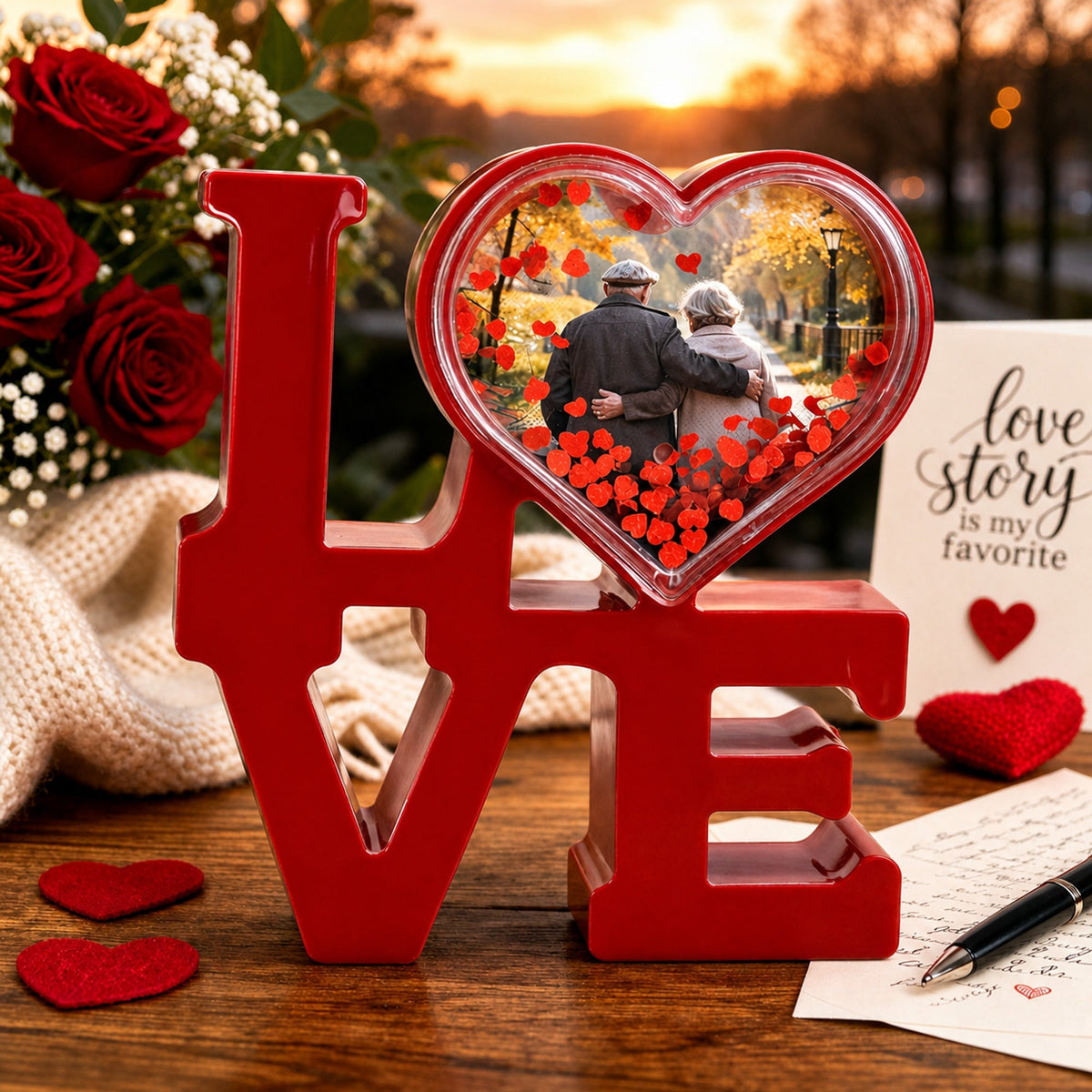 Red Love Sign in Heart Illuminated Plastic Picture Water Frame with LED Lights Romantic Valentine's Day Figurine