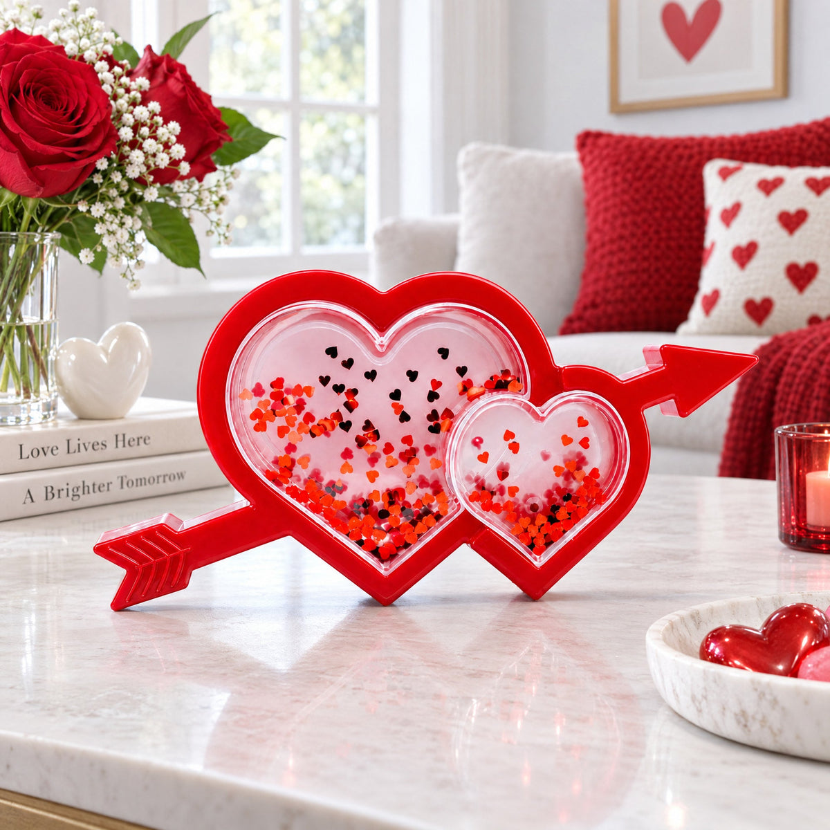 Red Heart and Arrow Shaker Glitter Effect LED Plastic Water Picture Frame Romantic Valentine's Day Figurine