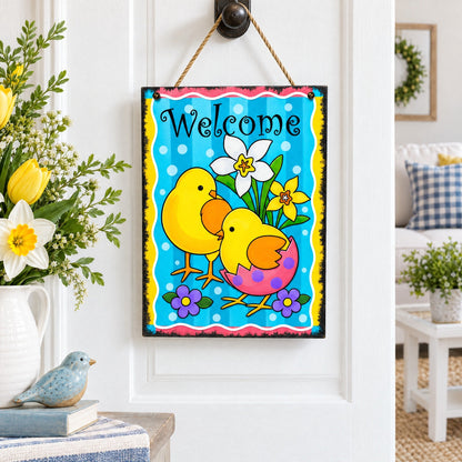 Easter Chicks Spring Welcome Decorative Plaque Wall Sign 10 Inches