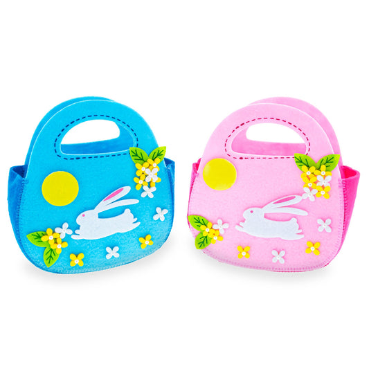 Set of 2 Easter Baskets White Bunnies Pink and Blue Felt Totes 7.5 Inches
