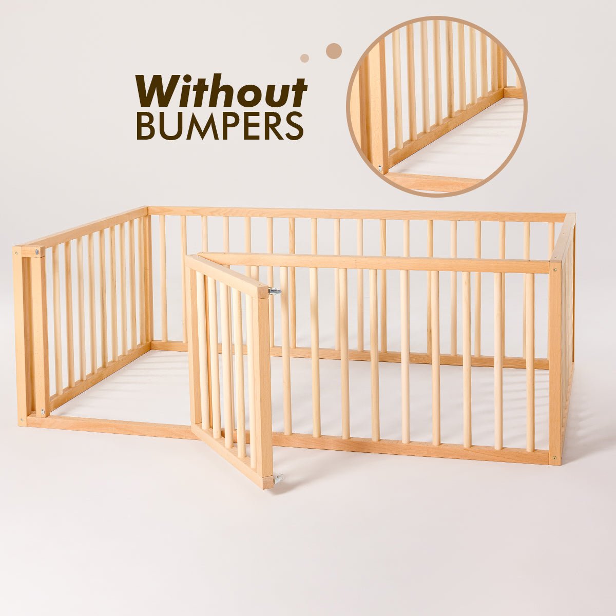 NAIZEA Montessori Toddler Floor Bed Frame – Full Size With Slats & Safety Fence, Natural Wood