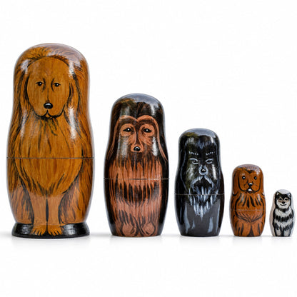 5 Dogs Wooden Nesting Figurines 6.5 Inches