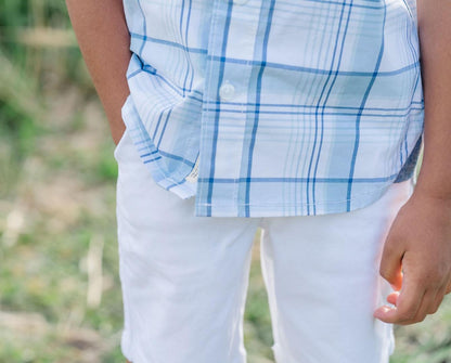 Stretch Short Sleeve Button Down Shirt - Classic Blue Tonal Plaid