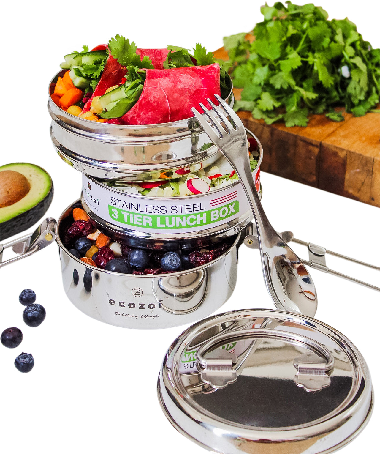 Stainless Steel Lunch Box, 3 Tier Round with Spork, 40 Oz