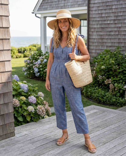 Women's Bow Shoulder Organic Jumpsuit - Blue Chambray