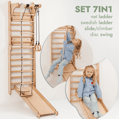 Wooden Swedish Wall / Climbing ladder for Children + Swing Set + Slide Board + Art Add-on