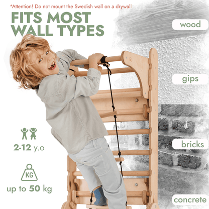 Wooden Swedish Wall / Climbing ladder for Children + Swing Set + Slide Board + Art Add-on