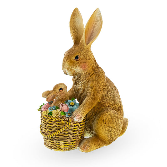 Mother & Baby Bunny Figurine – Rustic Easter & Spring Decor with Floral Basket 7.4 Inches