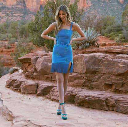 Brook Embroidered Mini Fringe Dress - Prussian Blue/Placed Floral Embroidery