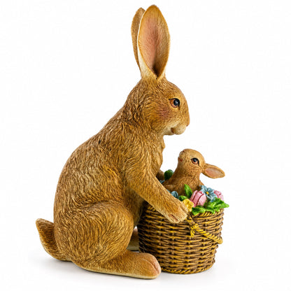 Mother & Baby Bunny Figurine – Rustic Easter & Spring Decor with Floral Basket 7.4 Inches