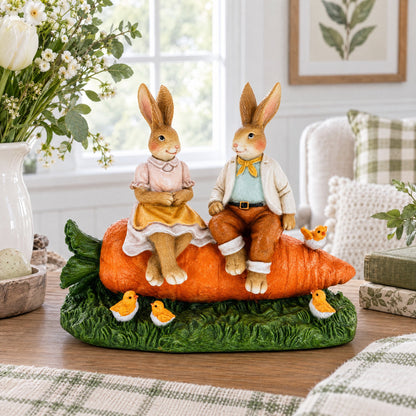 Bunny Couple in Love Sitting on a Carrot Figurine