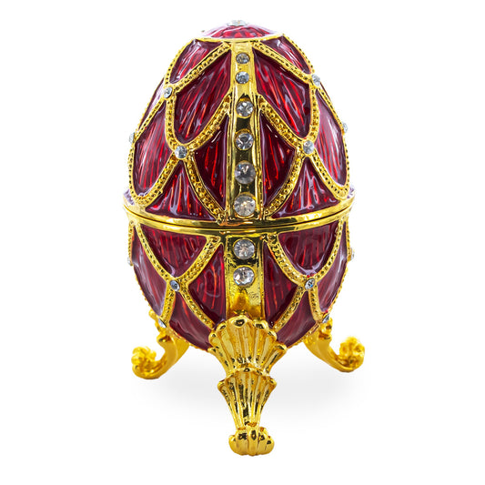 Golden Trellis Crimson Enamel Royal Inspired Imperial Metal Easter Egg 4 Inches