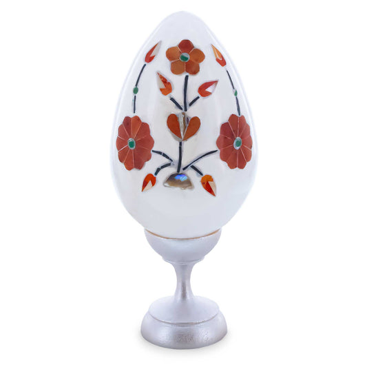 Hand Carved and Inlaid Flowers Gemstone Easter Egg